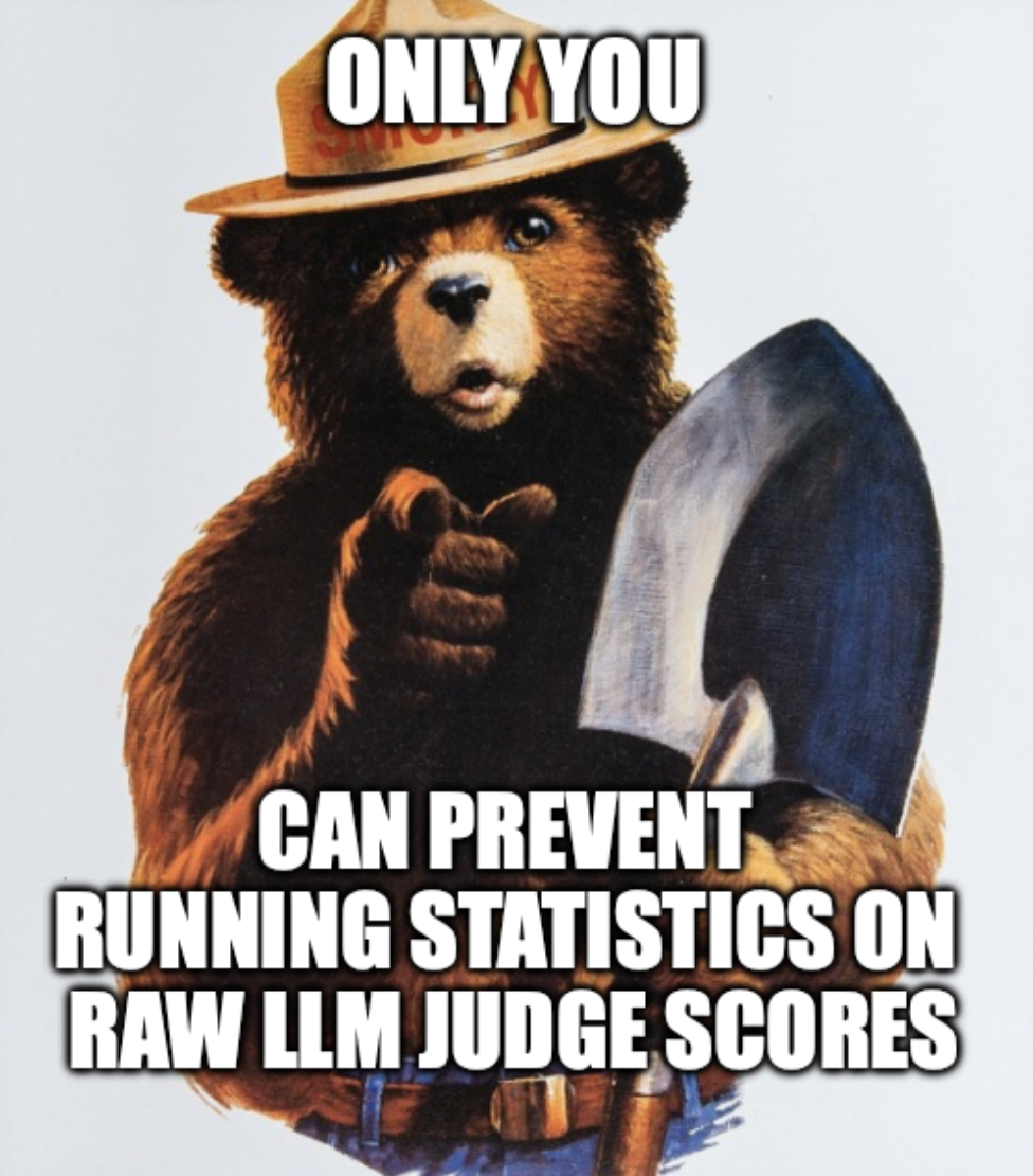 Smokey the Bear meme saying Only You Can Prevent Running Statistics over Raw LLM Judge Scores